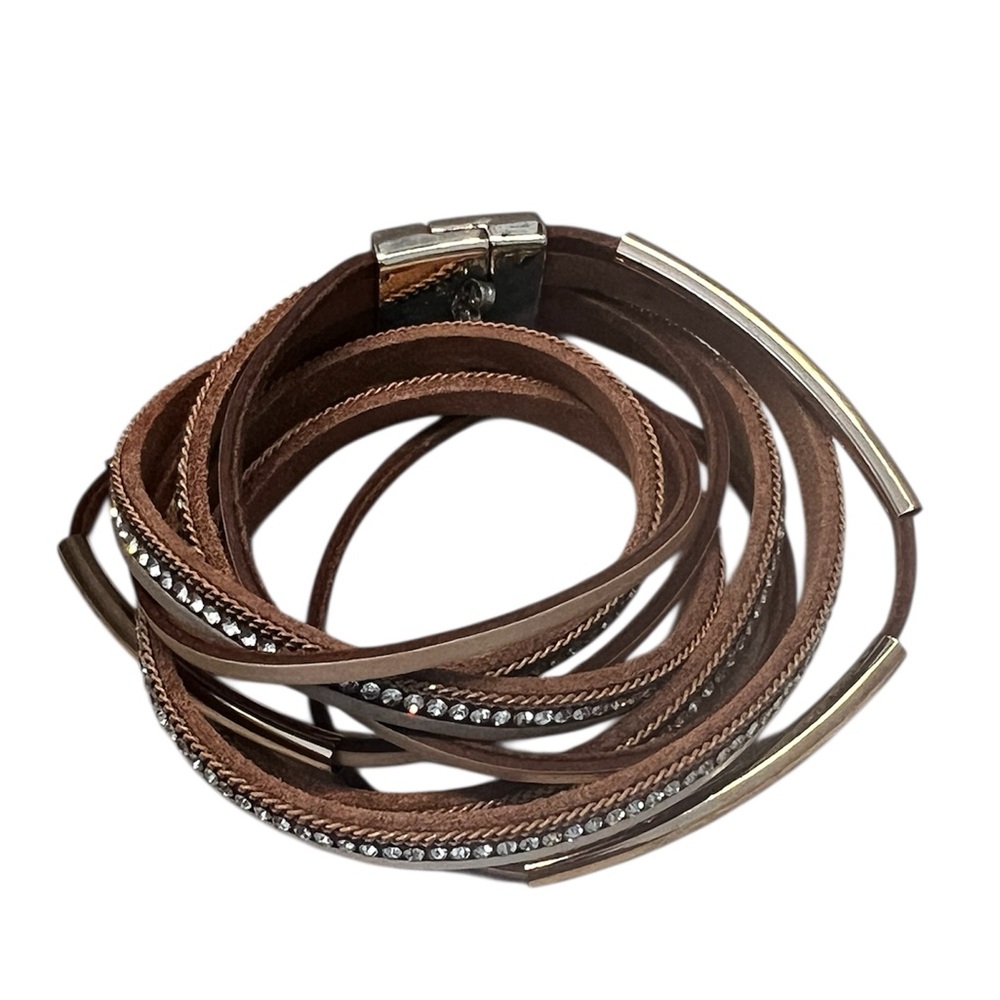 Brown Leather Wrap Bracelet with Silver and Gold Accents
